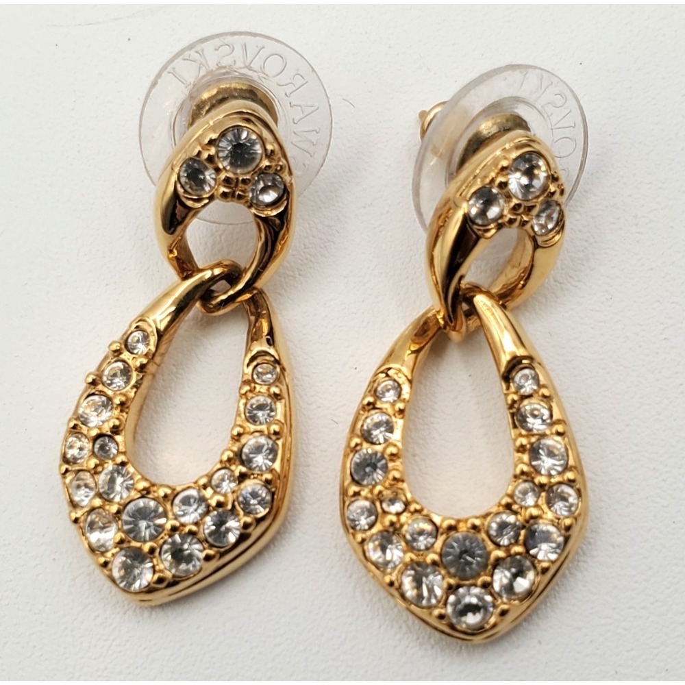Vtg Swarovski Door Knocker Gold Tone Dangle Pierced Earrings